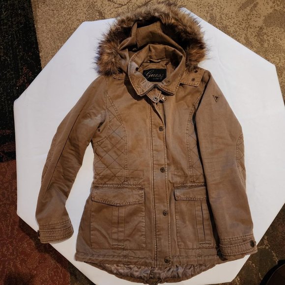Guess Women's M Tan Quilted Faux Fur Trim Hooded Zip Up Canvas Cargo Jacket - Picture 1 of 8